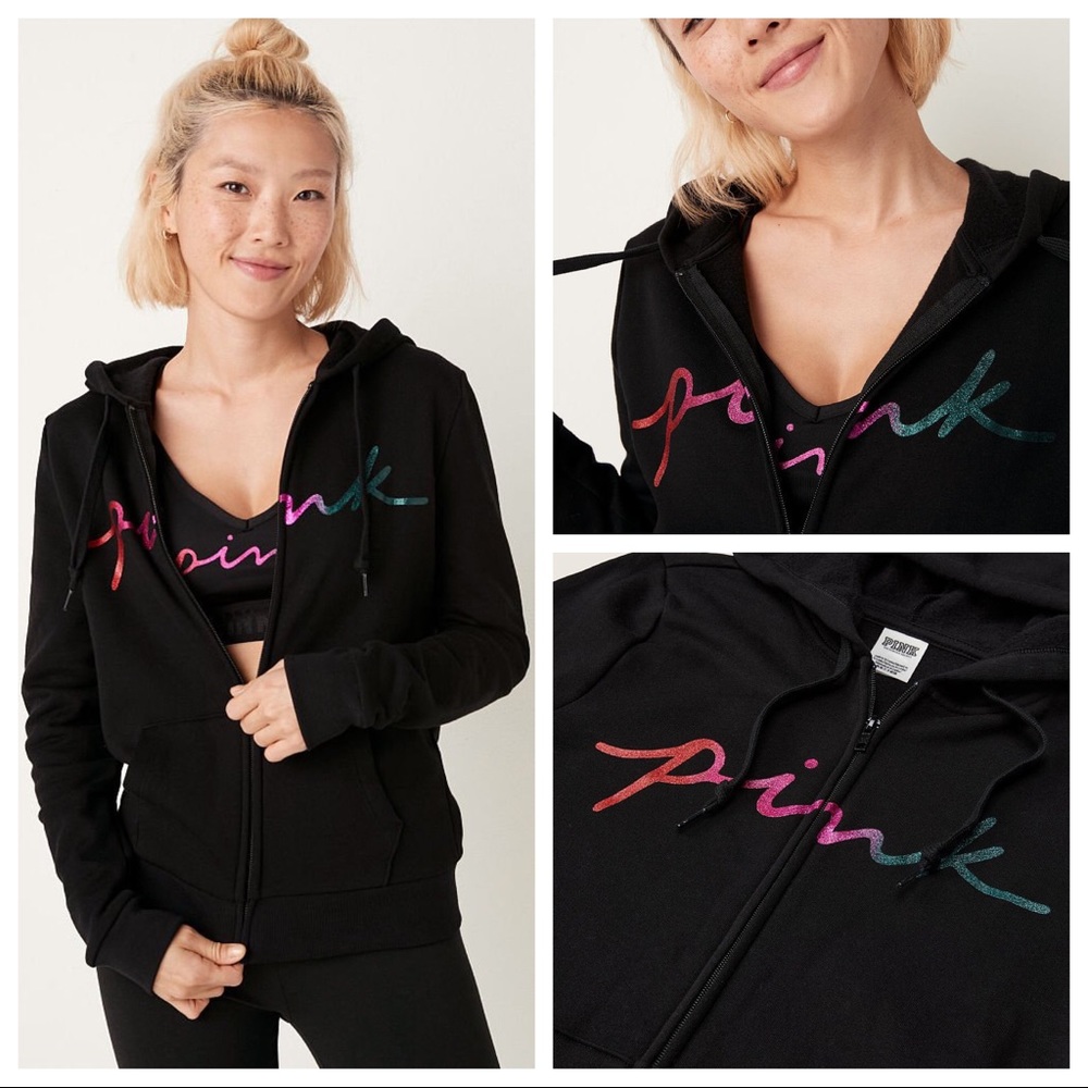 Vs Victorias Secret Pink Perfect Full Zip Hoodie Sweater Jacket Top Glitter S